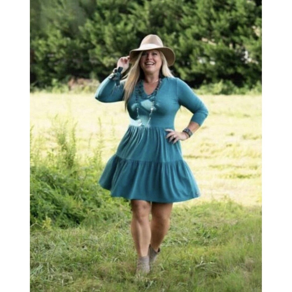 Matilda Jane Wonderment Best of the Best Teal Tiered Knee Dress Small NWT Modal